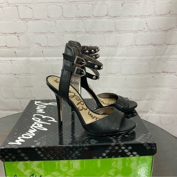 SAM EDELMAN AYDA BLACK LEATHER SNAKE SKIN EMBOSSED ANKLE STRAP SANDALS 7 - Picture 12 of 15